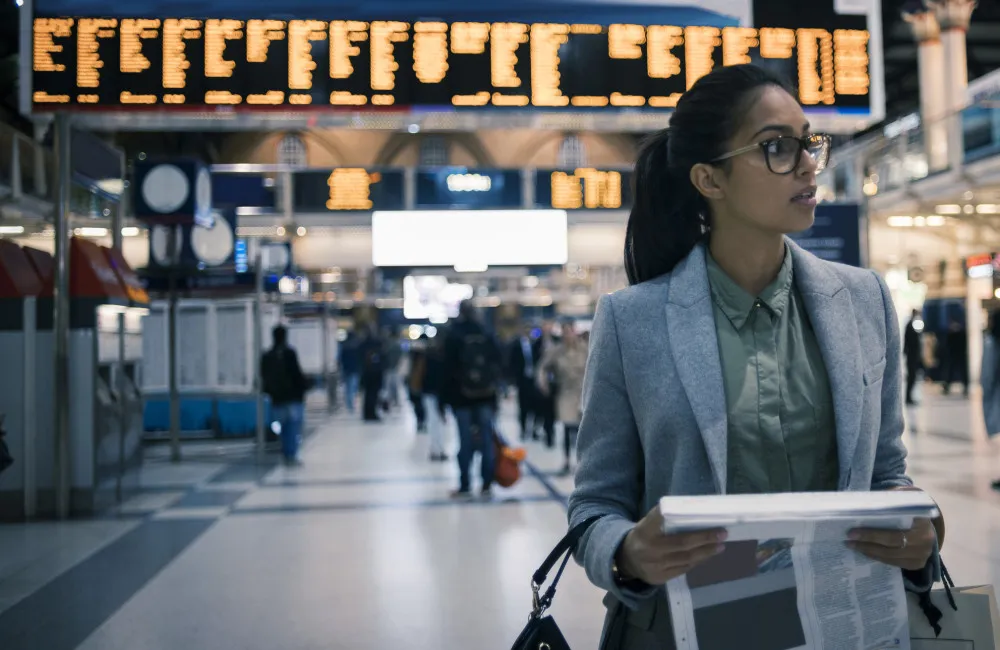 Young women at train station