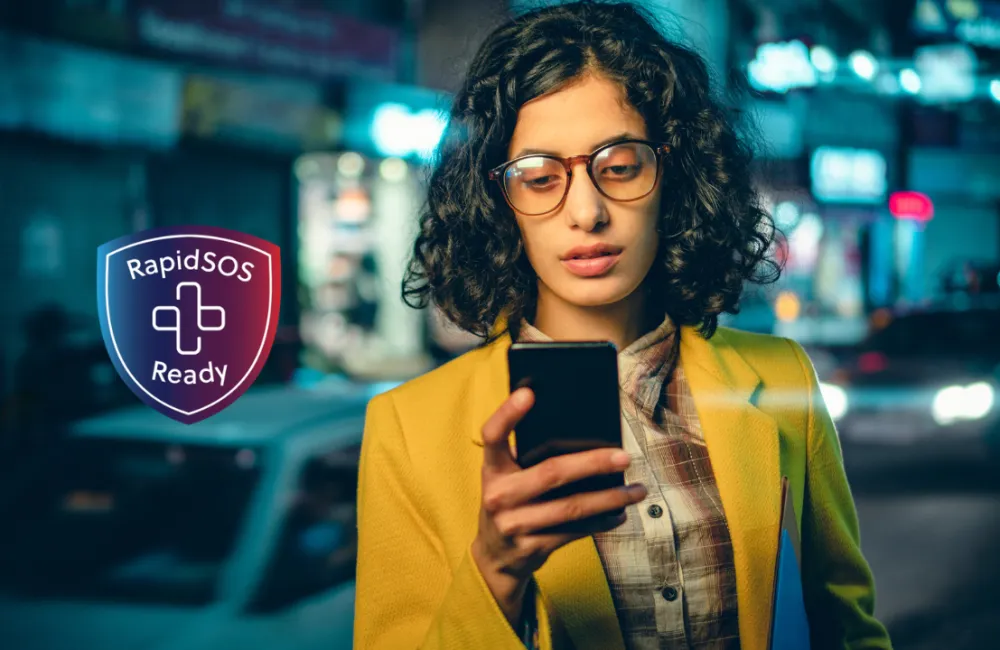 Women using phone, RapidSOS ready badge