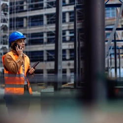 Female worker on the phone at a construction site