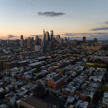 City skyline at dusk from above