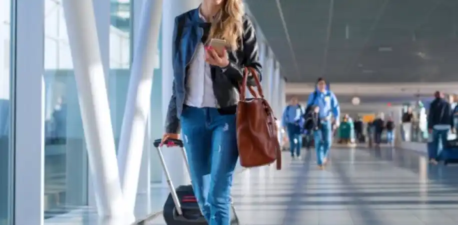 Business traveller walking through an airport terminal