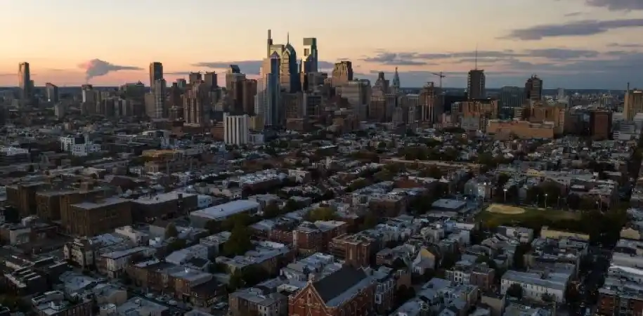 City skyline at dusk from above