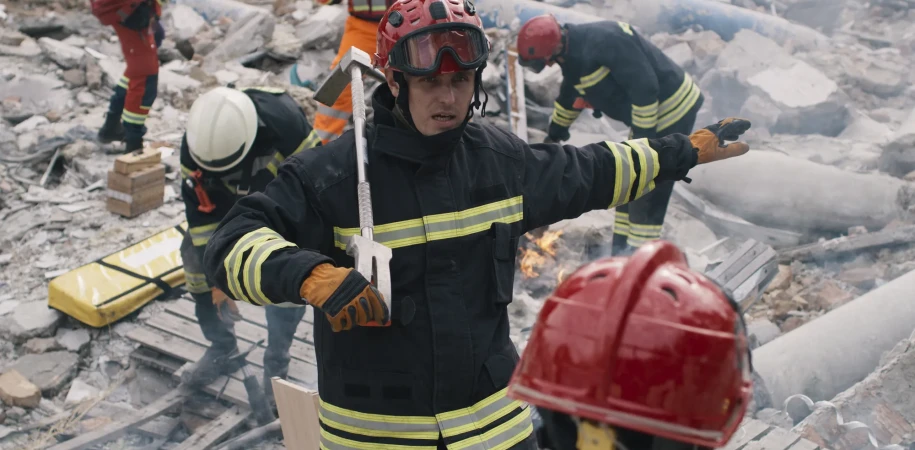 Men speaking  to team during rescue mission