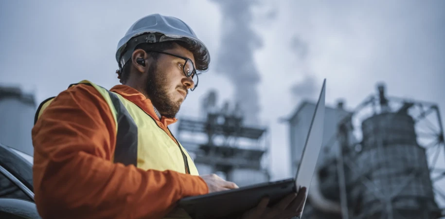 Engineer using a laptop while working