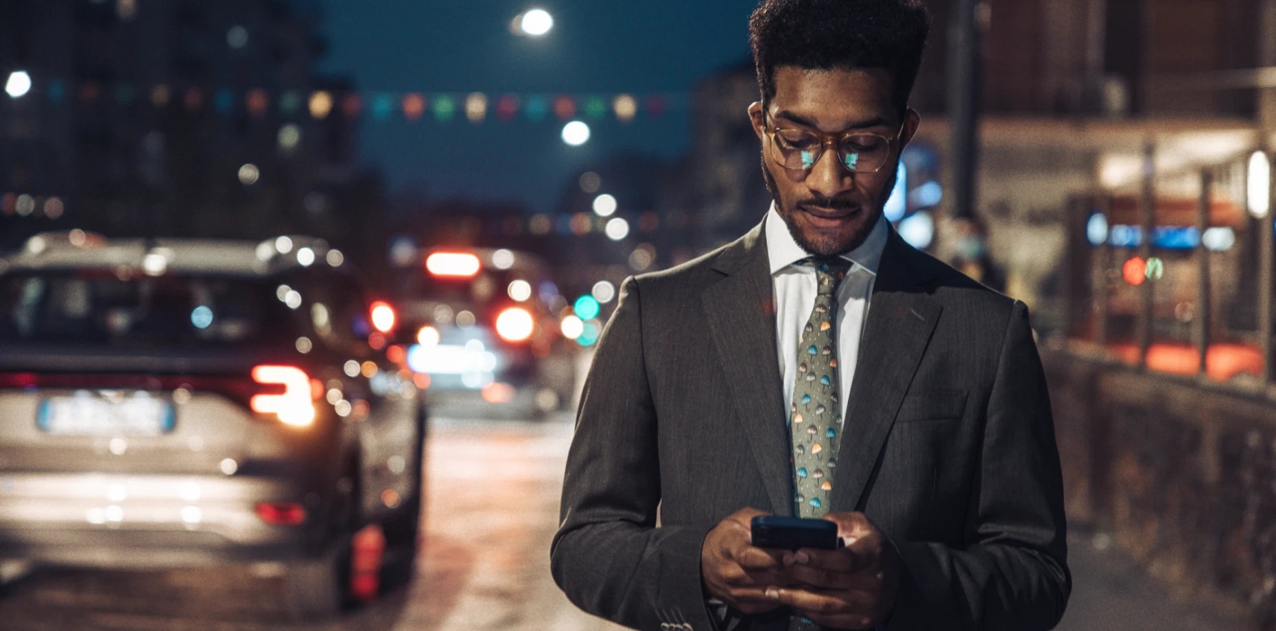 Businessman travelling at night