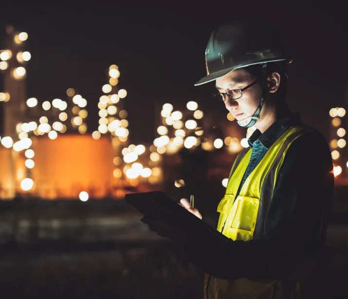 Engineer using digital tablet working late