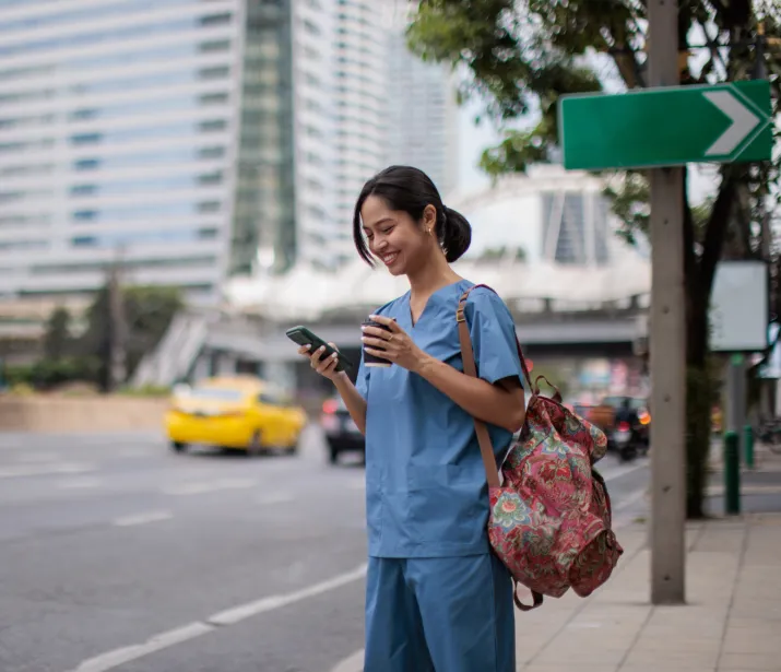 Female Nurse waiting for a rideshare